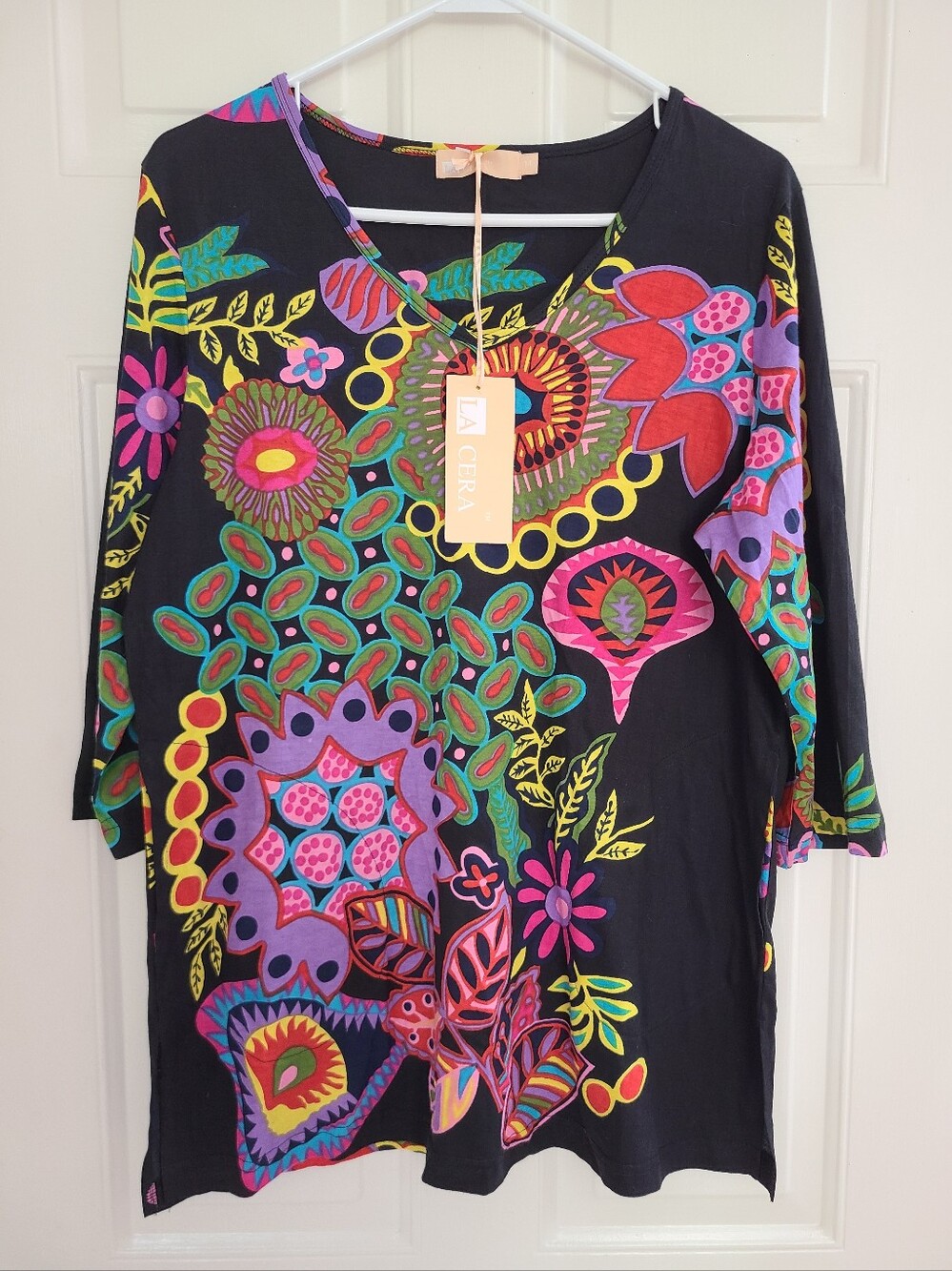 NWT La Cera Top Women's Colorful Floral Artsy Wearable Art Cotton Blouse Size M